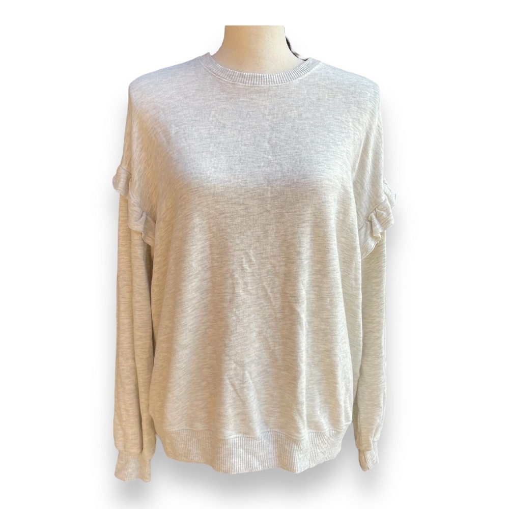 MONROW Ruffle Sleeve Sweatshirt Grey Heather French Terry Crew Neck Women's M